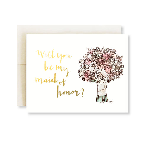 maid of honor flower bouquet gold foil card