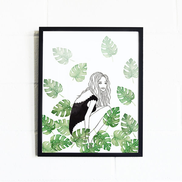monstera leaf watercolor fashion illustration print