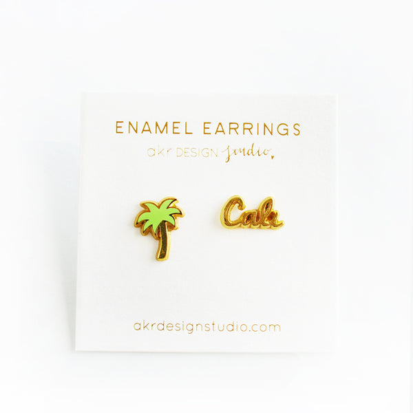 palm tree and cali enamel earrings