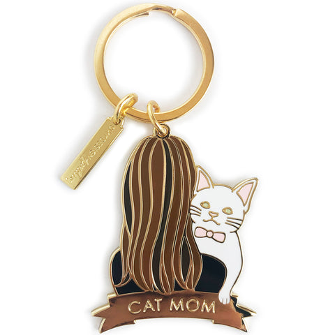 cat mom with brown hair enamel keychain