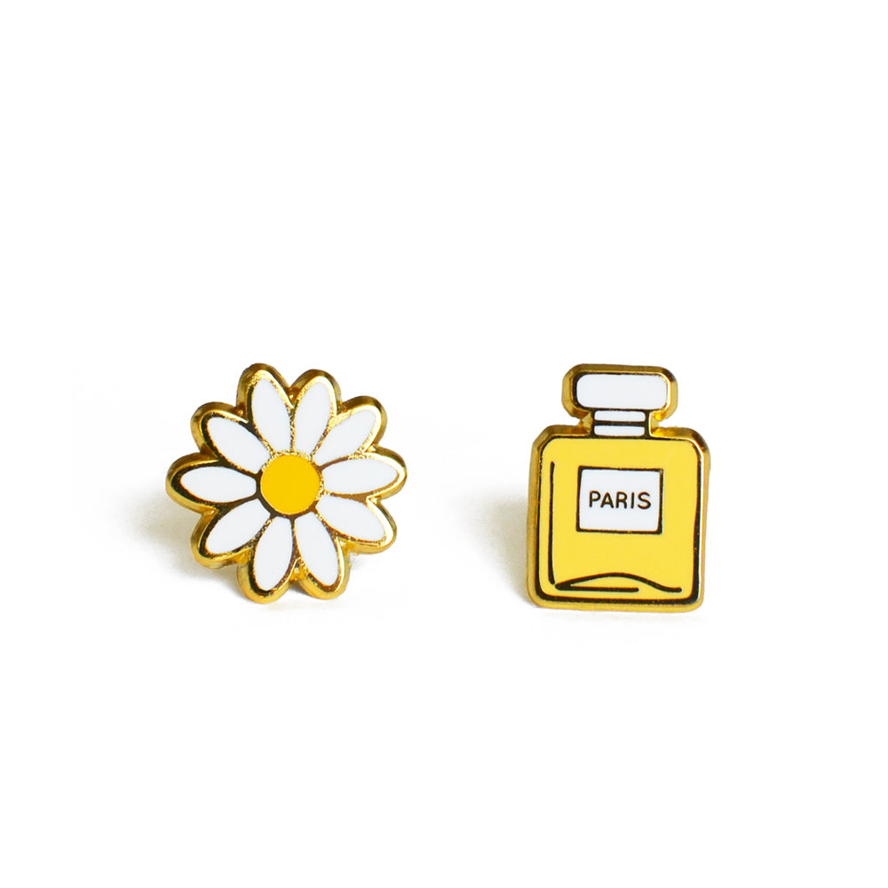 daisy and perfume bottle enamel earrings
