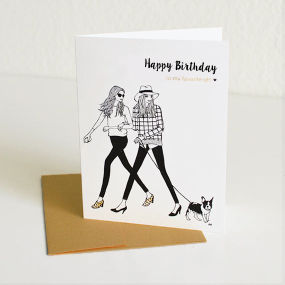 Girls with Boston Terrier Birthday Card