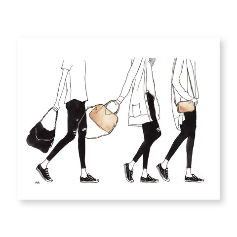 women in leather bag art print