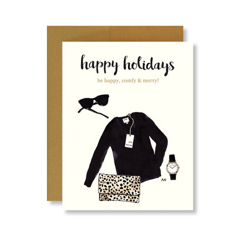 happy holiday card with black sweater and leopard clutch illustration
