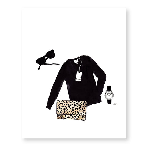 leopard clutch black sweater art print