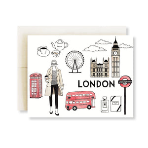 london fashion illustration card red bus red phone box