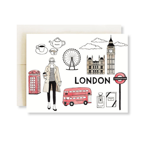london fashion illustration card red bus red phone box