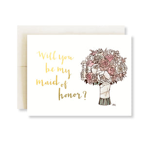 maid of honor flower bouquet gold foil card