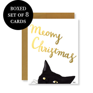 Meowy Christmas Black Cat Illustration Boxed Card Set