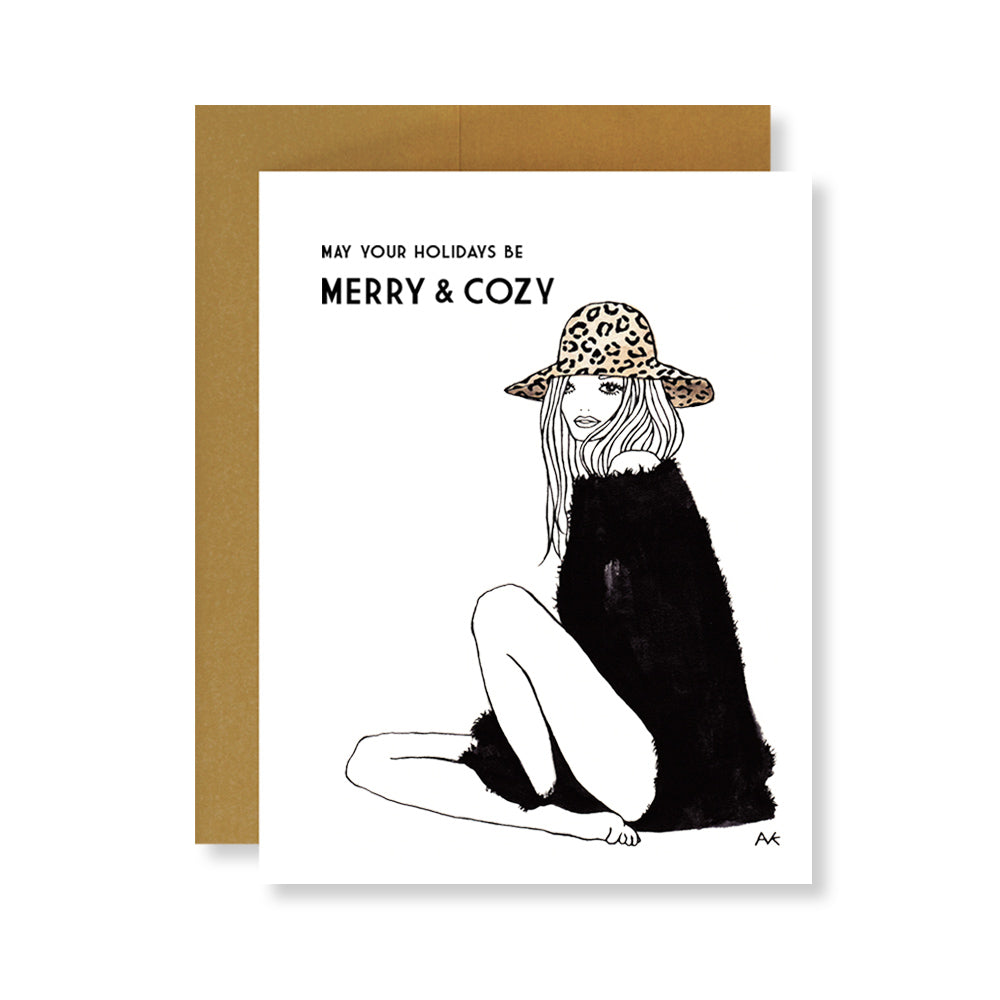 leopard hat merry & cozy woman illustration christmas card 