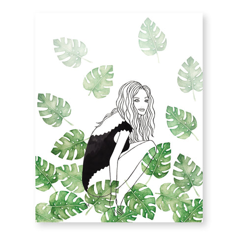 bikini girl with monstera leaf art print
