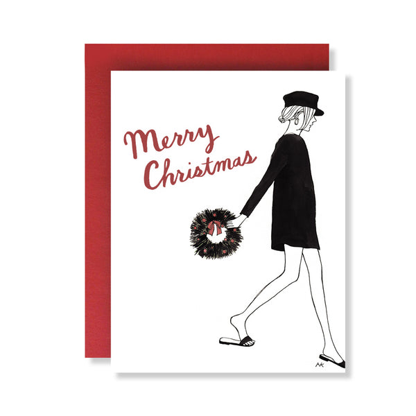 Fashion illustration woman wreath Christmas card